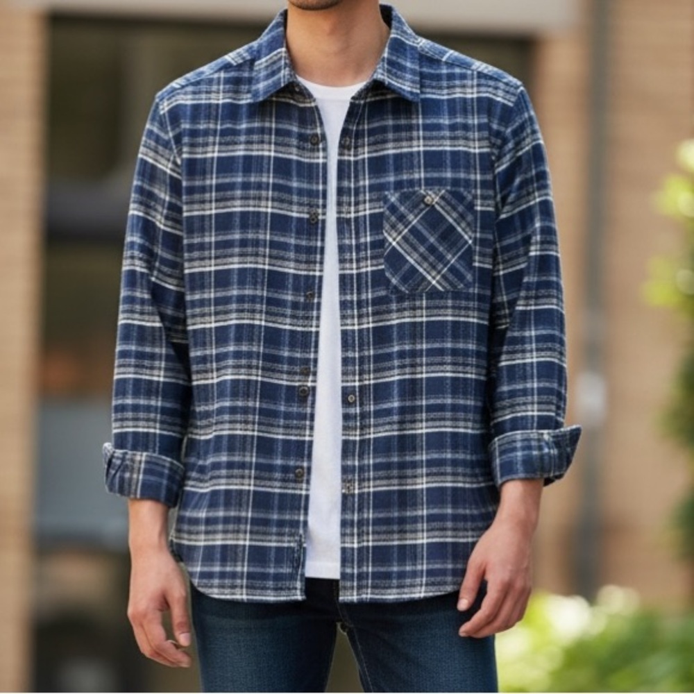 Flag & Anthem. Men's Navy Plaid Long-Sleeve Button-Up Shirt